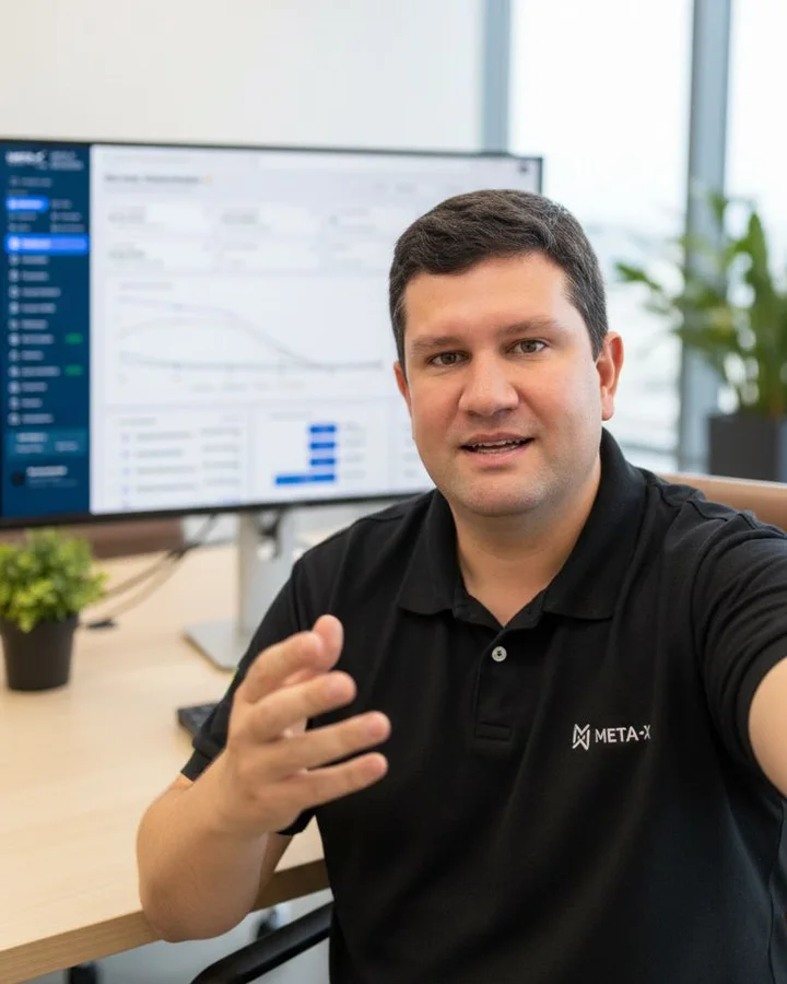 Bruno Cavasso na Meta-X, com o painel do sistema ao fundo