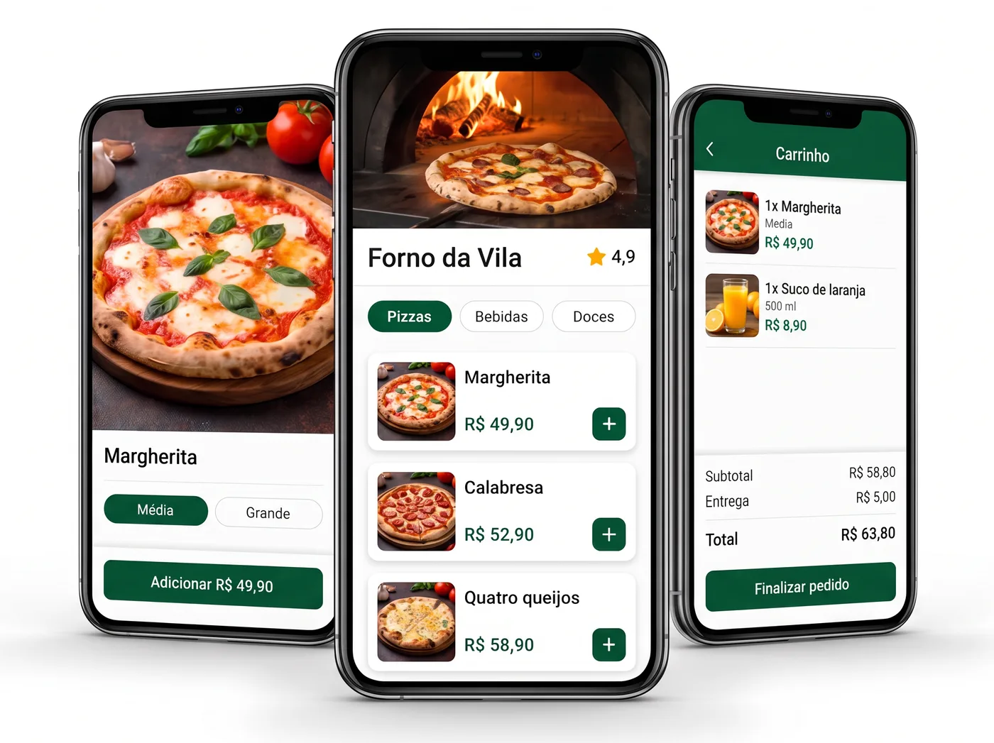 Telas de um app de pedidos de pizzaria no celular