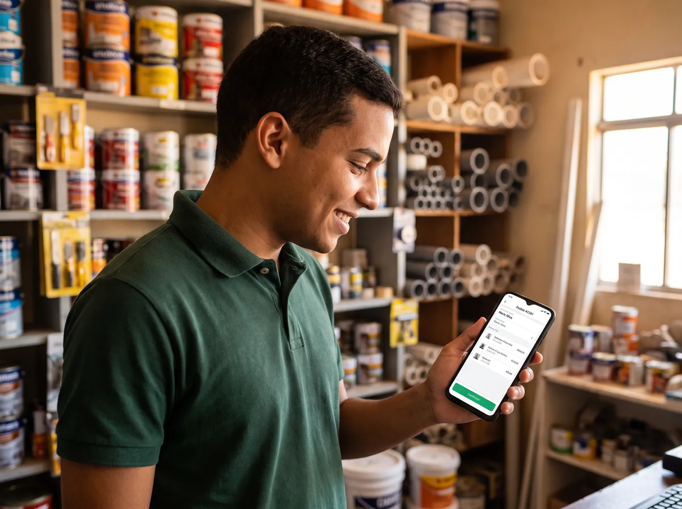 Vendedor de loja de material de construção conferindo um pedido no celular