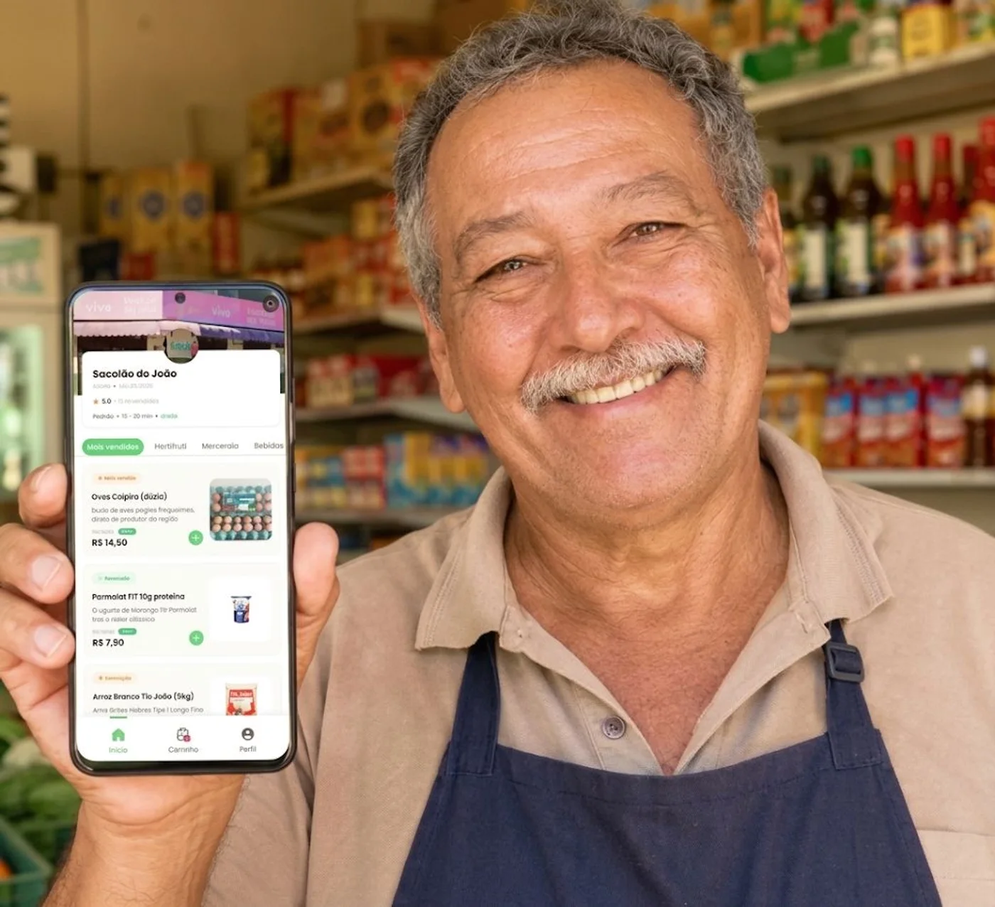 Dono de mercadinho mostrando o sistema no celular